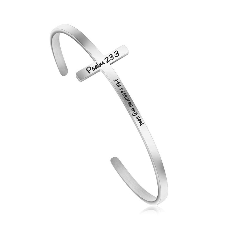 MEMGIFT Cross Bracelet Religious Cuff Bangle Bible Verse Christian Gifts Jewelry for Women (Her restores my soul -Psalm 23:3) - Image 1
